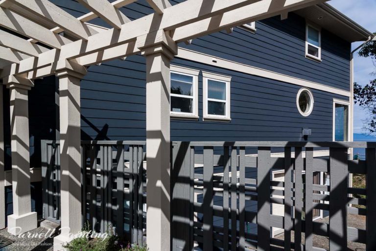 house siding painted in midnight blue with white trim