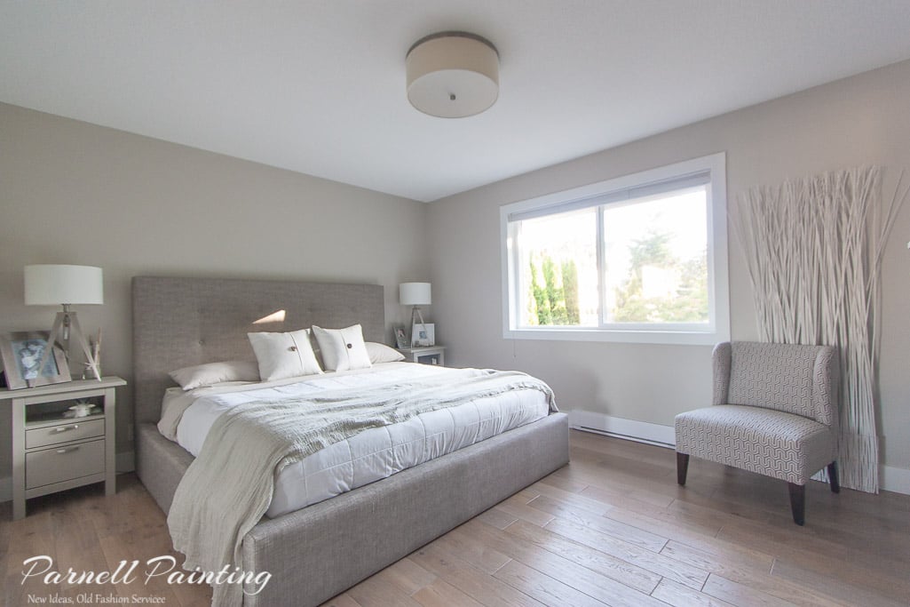 primary bedroom walls, trim work and ceiling professionally painted by Parnell Painting in Nanaimo